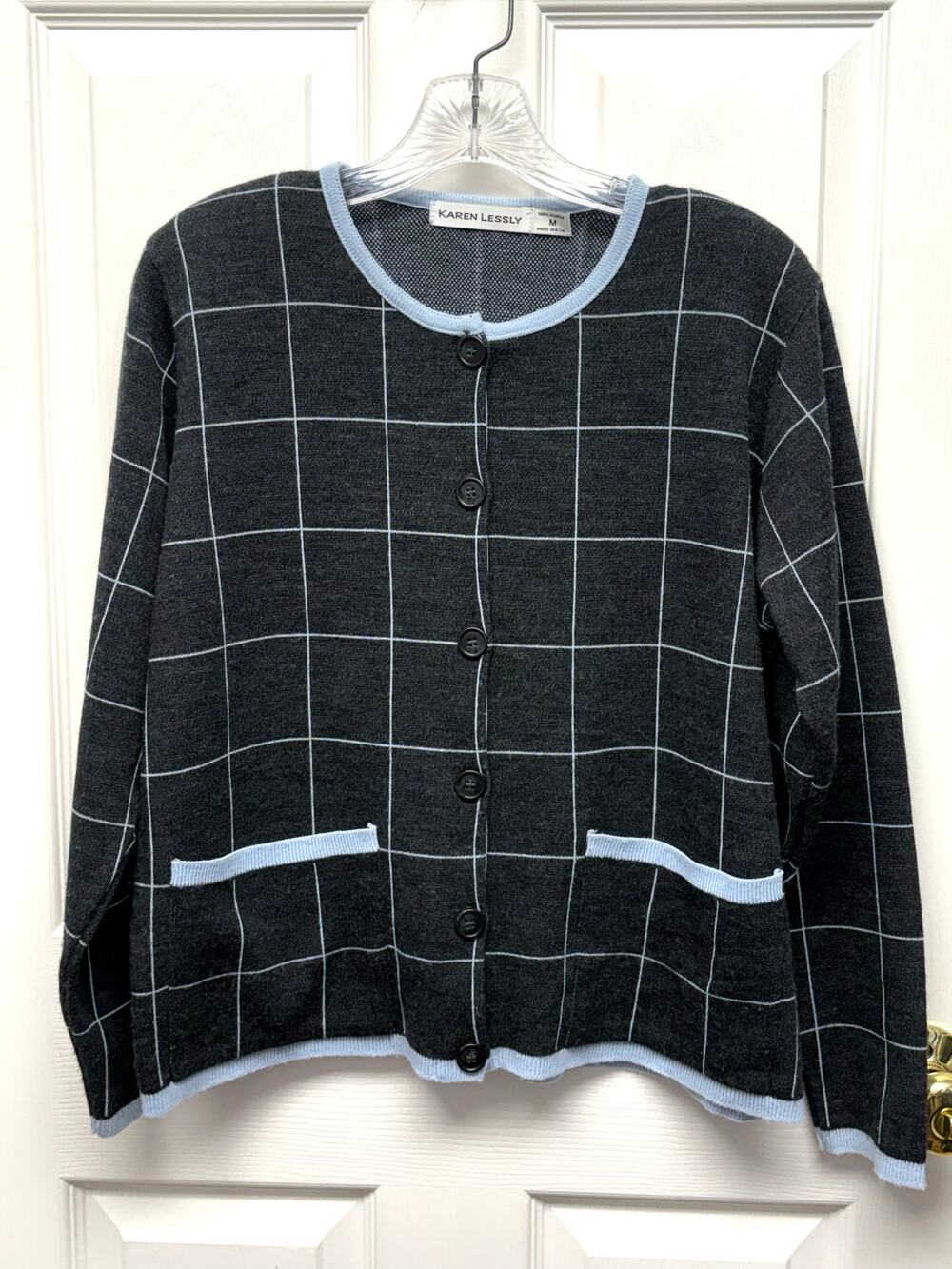 Karen Lessly Sweater Vintage Cardigan Made USA Shoulder Pads Windowpane Size M